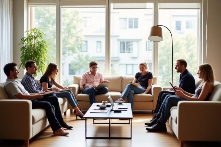 People gathered in a bright, modern communal space for interaction