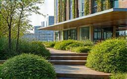 Beautiful green rooftop garden on a modern building, showing plants and seating