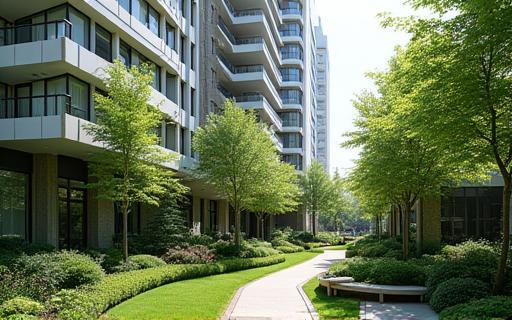 Exterior view of a modern residential building with large, lush communal gardens and walkways