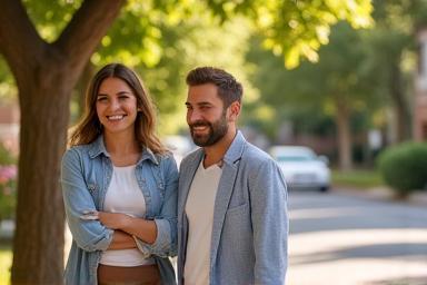 Real estate agent showing a cheerful couple around a pleasant neighborhood street with trees