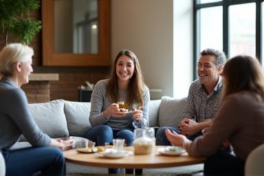 Happy residents interacting in a stylish apartment common area, perhaps sharing tea