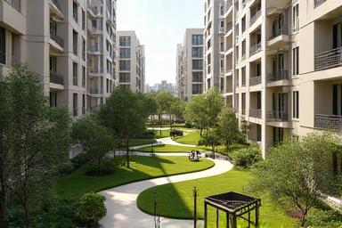 Modern residential buildings with communal gardens and walkways